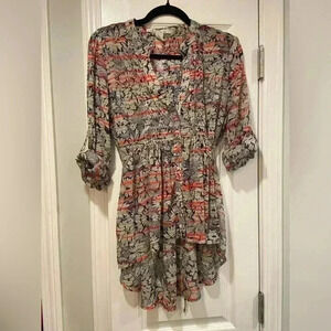 American Rag Pleated Smocked Button V Neck Tie Flowy Peasant Top Floral Size M